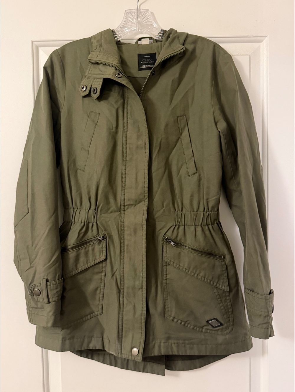 ONLY Green Utility Field Jacket with Hood, Size Small, Olive Green